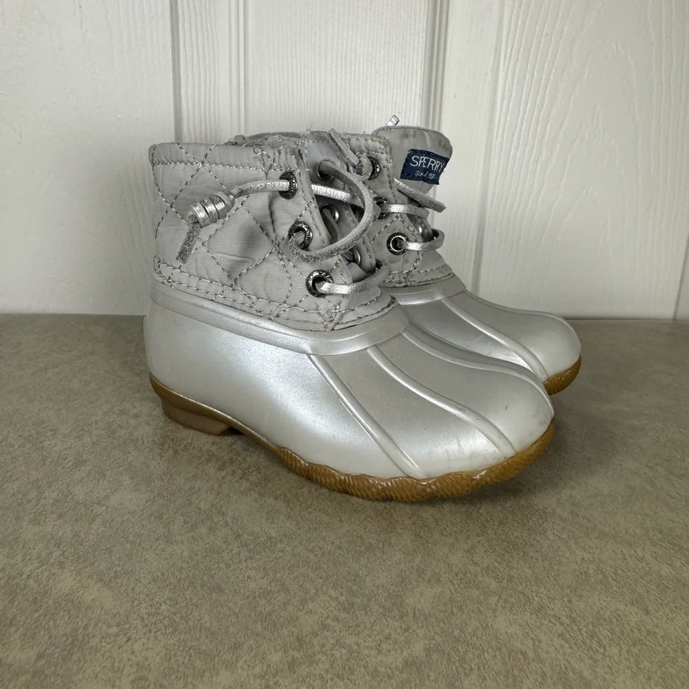 Sperry Silver Saltwater Duck Rain Boots Toddler Lace Up Metallic Size 6m